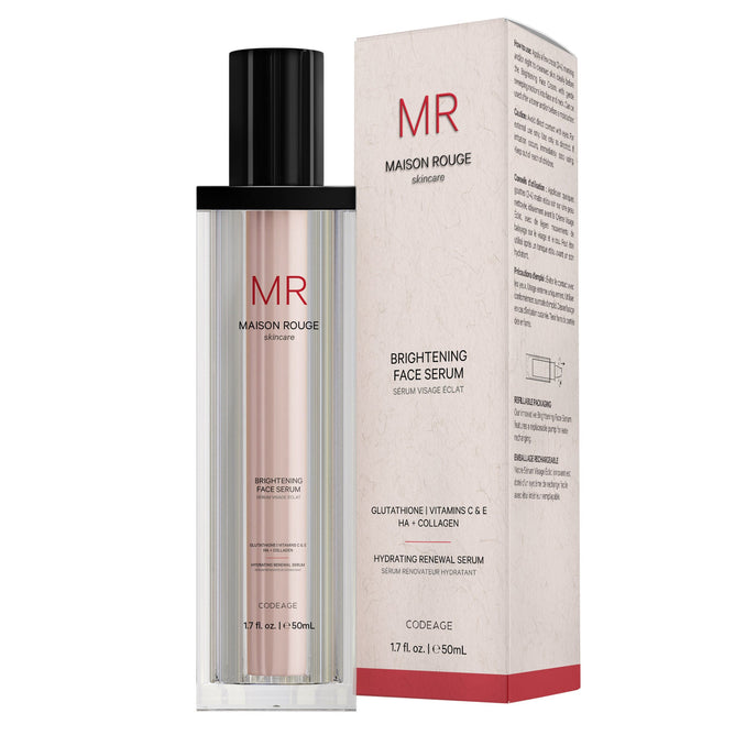 A bottle of Codeage Brightening Face Serum with a black cap is next to its beige and pink box, both featuring key ingredients like collagen peptides, Glutathione, Vitamins C & E, and hyaluronic acid.