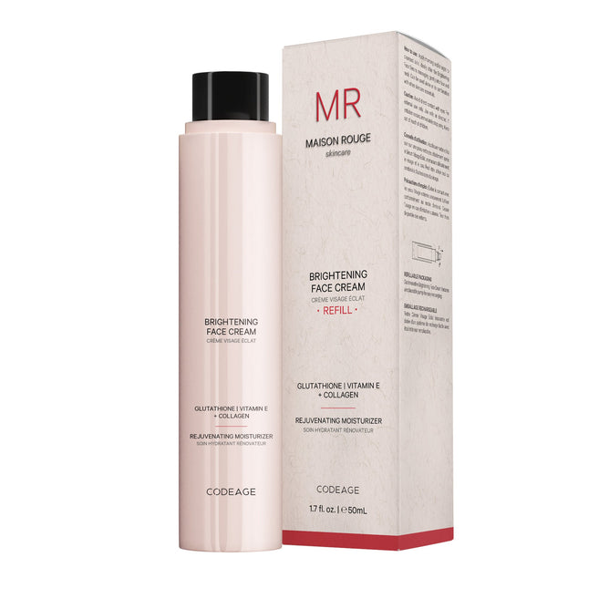 A pink bottle of Codeage Brightening Face Cream· Refill with glutathione, Vitamin E, and collagen stands beside its matching pink refillable box, both labeled for rejuvenating and brightening skincare.