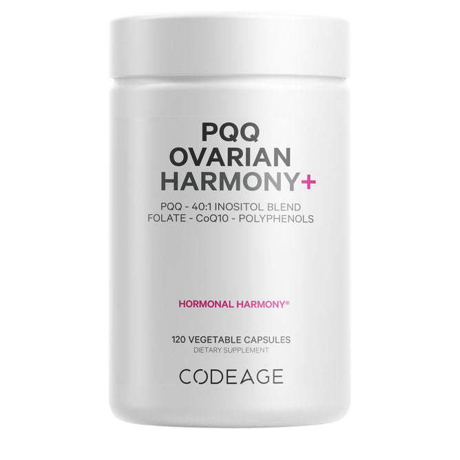 Codeage PQQ Ovarian Harmony+ is a women’s wellness supplement with 120 veggie capsules featuring Myo-Inositol, PQQ, folate, CoQ10, and polyphenols. Packaged in a white bottle.