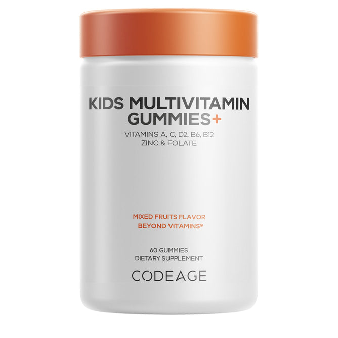 Kids Multivitamin Gummies+ by Codeage comes in a white bottle with an orange lid, offering 60 Non-GMO mixed fruit gummies packed with vitamins A, C, D2, B6, B12, zinc, and folate.