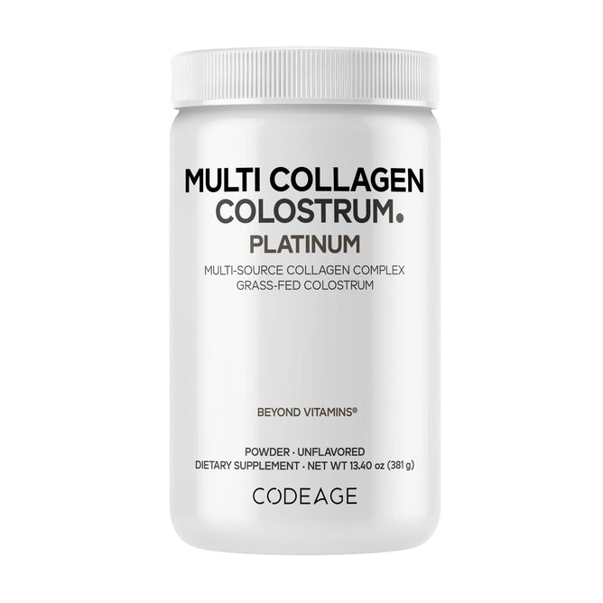 A white 13.40 oz container labeled Codeage Multi Collagen Colostrum Platinum features a multi-source collagen complex with collagen peptides and grass-fed colostrum powder. The minimalist design highlights black text.