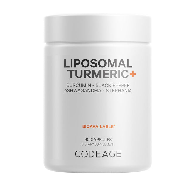 Codeage Liposomal Turmeric+ is a dietary supplement in a white bottle with 90 bioavailable capsules, featuring fermented turmeric curcumin, black pepper, ashwagandha, stephania, and a liposomal delivery system.