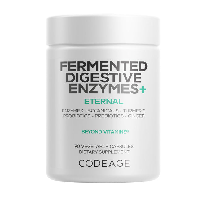 A white bottle of Codeage Fermented Digestive Enzymes contains 90 vegetable capsules with enzymes, organic botanicals, turmeric, probiotics, prebiotics, and ginger shown on the label.