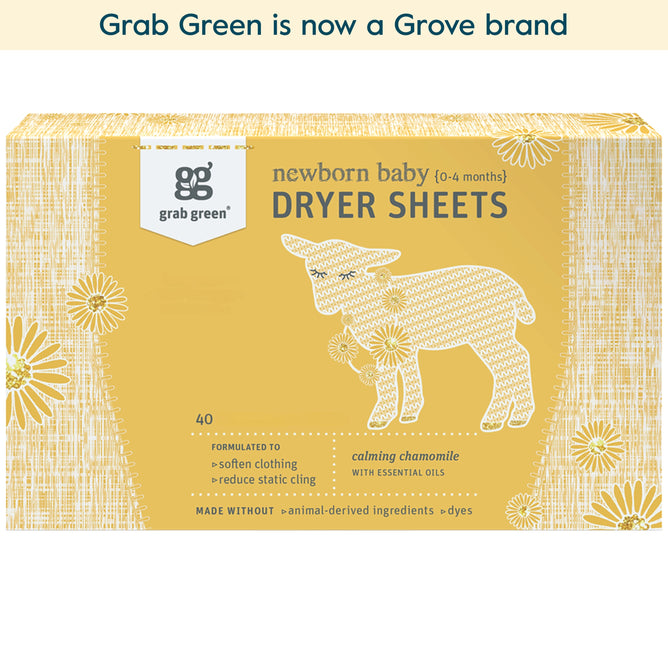 A yellow box of grab green Newborn Baby Dryer Sheets - Chamomile (Coming Soon!) features a white lamb, daisies, and text noting a calming fragrance, static cling reduction, and no animal-derived ingredients or dyes.