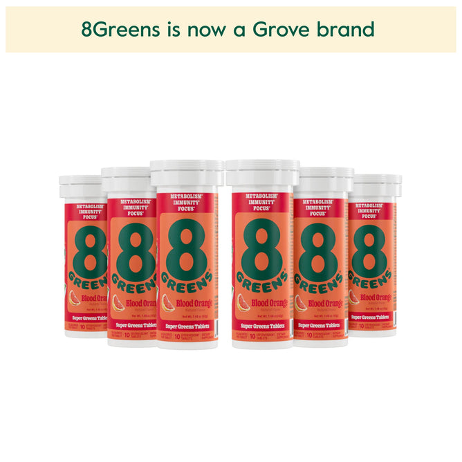 Two rows of six 8Greens Super Greens Tablet - Blood Orange (Multi-Packs) are shown, with a caption stating that 8Greens is now a Grove brand, providing metabolism support and immunity boost.