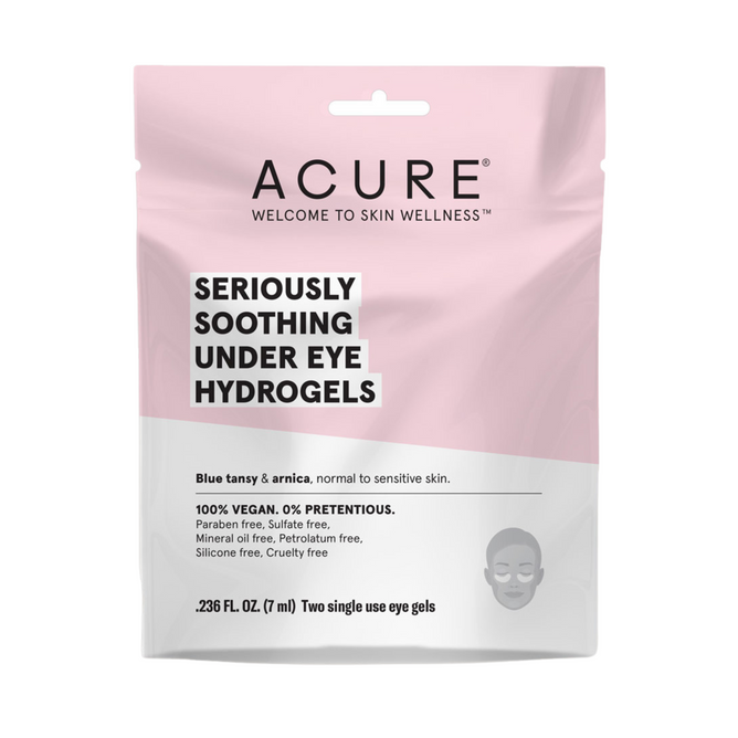 Acure Seriously Soothing Under Eye Hydrogels, with pink and white packaging, suit normal to sensitive skin. They contain blue tansy and arnica to reduce dark circles. The gels are vegan, paraben-free, sulfate-free, cruelty-free, and come with two single-use treatments.