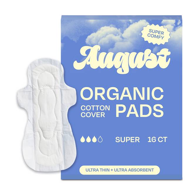 A blue box of August Night Pads is shown next to one pad. The box reads SUPER COMFY, ORGANIC COTTON COVER, SUPER 16 CT, and ULTRA THIN + ABSORBENT—perfect hypoallergenic pads for nights.