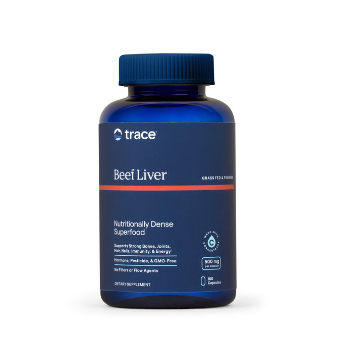 Trace Minerals Beef Liver Capsules, 500 mg, come in a blue bottle with 180 capsules. This nutrient-dense supplement is made from grass-fed, finished organ meats to support bones, joints, hair, nails, immunity, and energy.