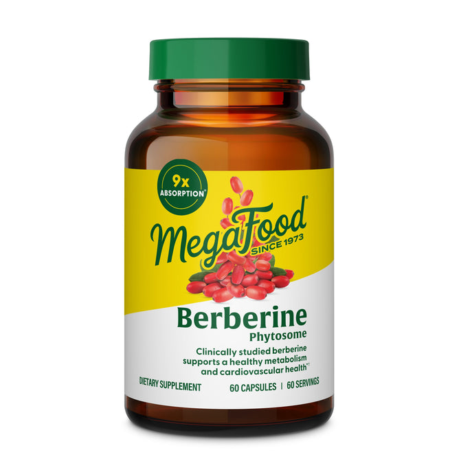 MegaFood Berberine Phytosome features a yellow and green label with red capsules. This dietary supplement offers 9x absorption for healthy weight management and contains 60 capsules per bottle.
