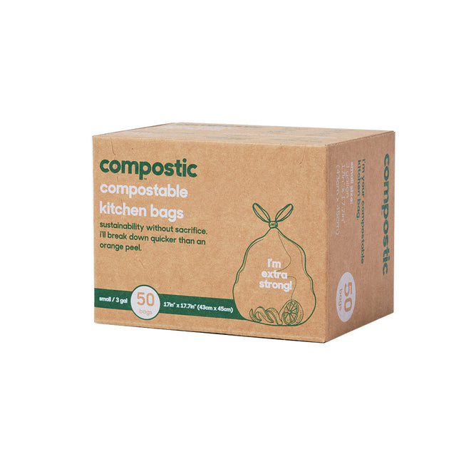 A brown box labeled Compostic 3 Gallon Home Compostable Trash Bags contains 50 small, extra strong bags. The packaging features green text and an image of a tied bag with fruit and veggie peels, highlighting the compostable design.