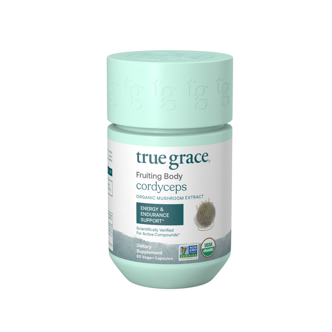 A light teal bottle of True Grace Cordyceps full-spectrum mushroom extract for energy and endurance support contains 60 vegan capsules, with product details and certifications highlighted on the label.