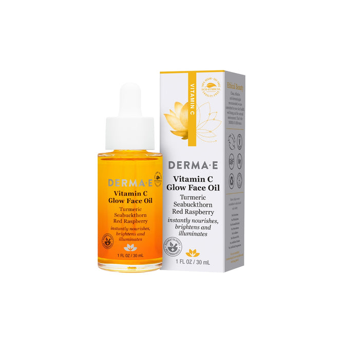 The Derma E Vitamin C Glow Oil, packaged in a bottle with a white dropper cap and box, blends turmeric, seabuckthorn, and red raspberry to nourish and brighten the skin for a luminous glow, with product details featured on the packaging.