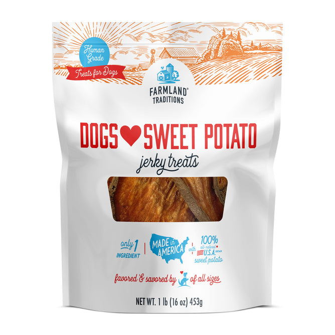 A 16 oz (453g) pack of Farmland Traditions Dogs Love - Sliced Sweet Potato Human Grade Treats features farmland imagery, highlighting USA-sourced ingredients ideal for sensitive dogs.