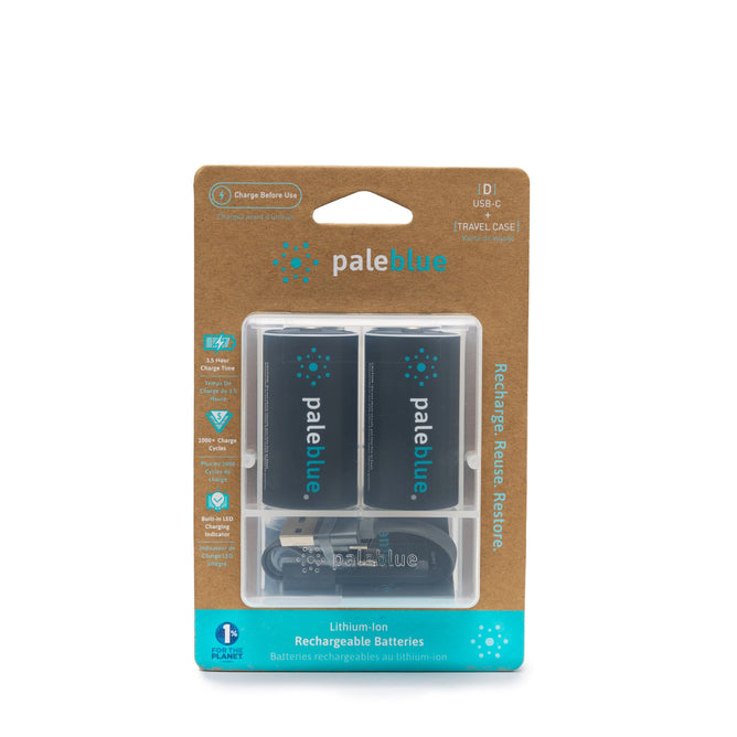 Paleblue Rechargeable D Batteries come in retail packaging, including two D batteries and a USB-C charging cable, with blue and white branding and product details clearly visible.