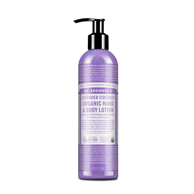 A tall, purple bottle of Dr. Bronner’s Organic Hand & Body Lotion in Lavender Coconut with a black pump top, made with organic oils and labeled as cruelty-free.