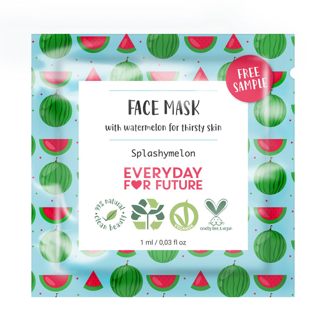 A Mini Face Mask - Sample by Everyday For Future for thirsty skin, with watermelon illustrations on a blue background and icons for vegan, eco-friendly, and cruelty-free skincare. The packet is labeled Free Sample.