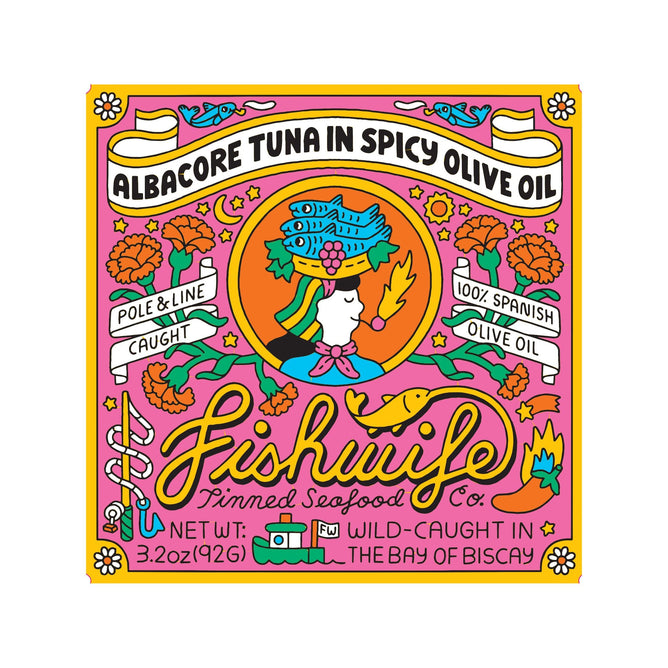 Illustrative label for Fishwifes Albacore Tuna in Spicy Olive Oil features a crowned woman with fish and flowers, sea waves, a fish overhead, and decorative details, along with product information.