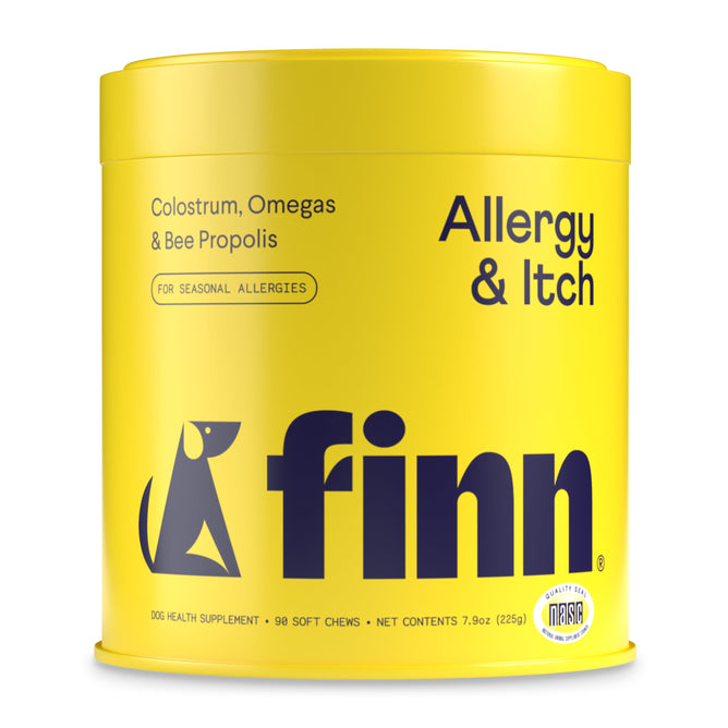 A bright yellow Finn container, labeled Allergy & Itch Supplement For Dogs, offers 98 soft chews (7.9 oz/225g) featuring natural ingredients like colostrum, omegas, and bee propolis to support immune defense against seasonal allergies.