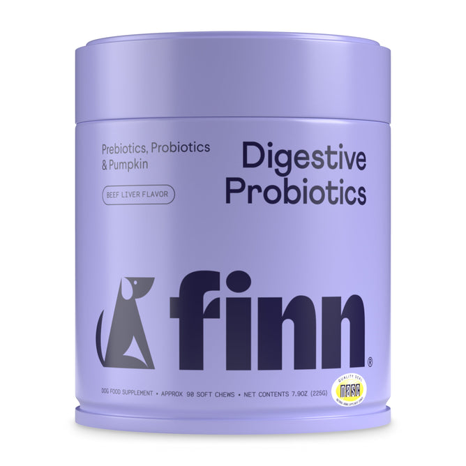 The Digestive Probiotics Supplement For Dogs by Finn comes in a purple container with a dog silhouette. These beef liver-flavored supplements, featuring prebiotics, probiotics, and pumpkin, support healthy digestion for dogs and include 90 soft chews weighing 7.9 oz.
