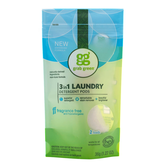 A pack of grab greens 3 in 1 Laundry Detergent Pods - Fragrance Free - Sample is designed for two loads and features blue and green packaging. This hypoallergenic product serves as a superior detergent, stain remover, and brightener.