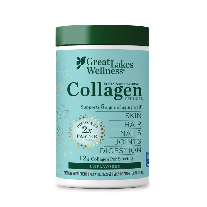 A container of Great Lakes Wellness Marine Collagen Peptides Powder with teal and white labeling. Sustainably sourced, unflavored, and packed with 12g collagen per serving to support skin, hair, nails, joints, and digestion.