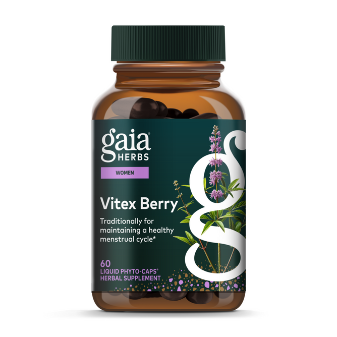 Gaia Herbs Vitex Berry, 60 liquid phyto-caps, supports hormone balance and a healthy menstrual cycle for women. The bottle label features a purple flower with green leaves.