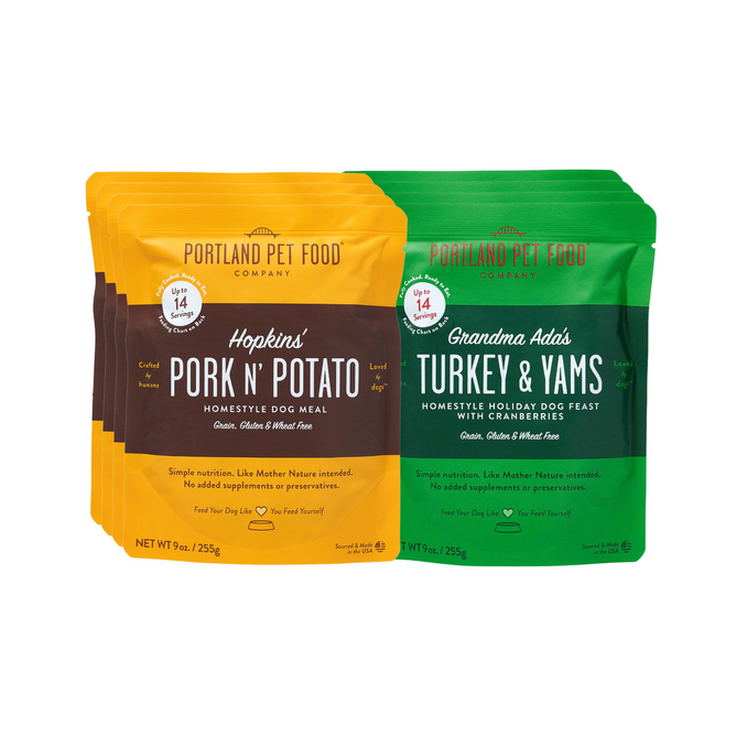 Enjoy the Portland Pet Food Company Grain-Free Dog Meal Variety, featuring human-grade ingredients with two flavors: Hopkins Pork N Potato in orange and Grandma Adas Turkey & Yams in green. These 9 oz recyclable pouches are gluten-free, grain-free, and ideal for shelf-stable storage.