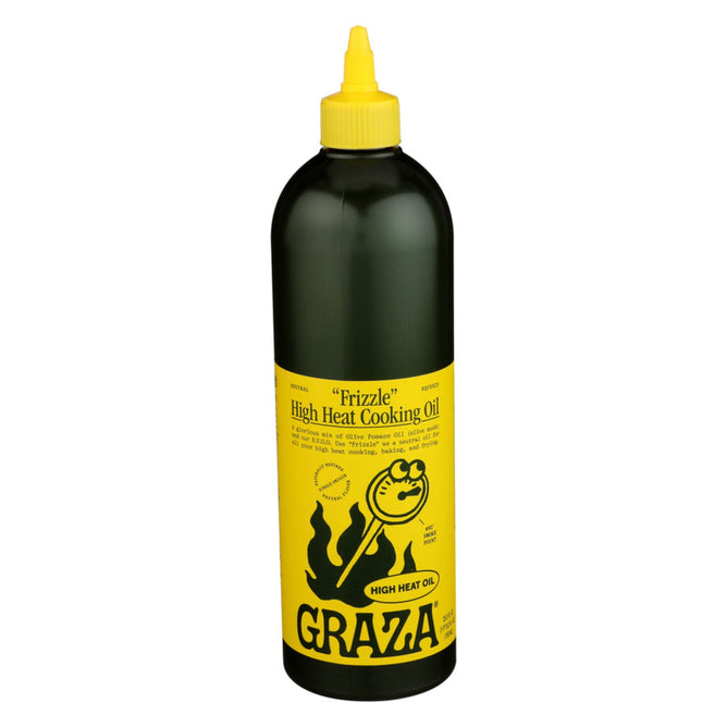 A green bottle of Grazas Frizzle High Heat Cooking Oil Spray, made from Picual olives, features a yellow label with a stylized flame and the product name. It has a yellow cap and pointed nozzle for easy pouring.