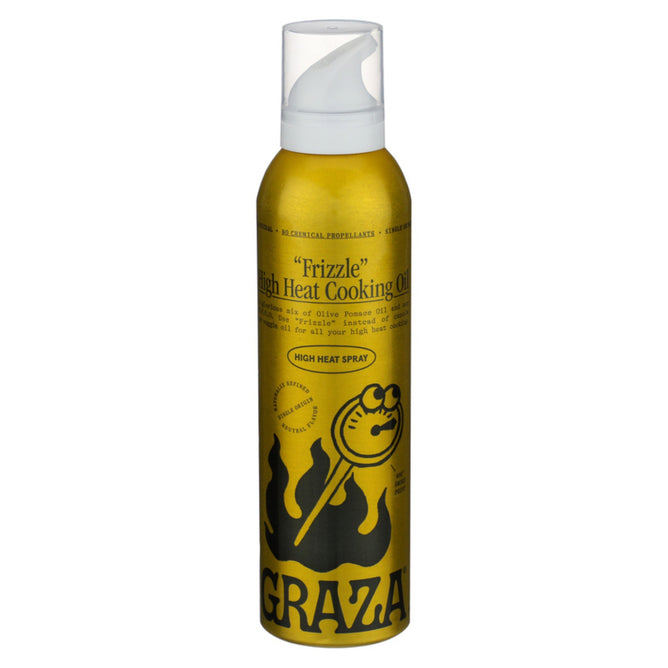 Grazas Frizzle High Heat Cooking Oil Squeeze Bottle comes in yellow packaging with illustrations of a fried egg and flames. Perfect for easy spraying, its made with Olive Pomace Oil to deliver excellent culinary performance.
