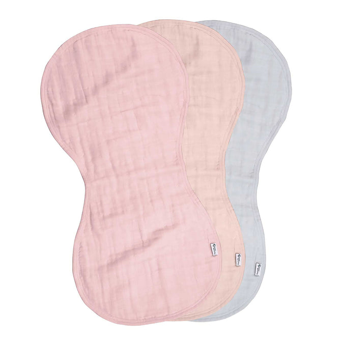 Three Green Sprouts burp cloths in pink, beige, and light blue overlap elegantly on a white background. Crafted from 100% certified organic cotton muslin with an hourglass shape and textured fabric.