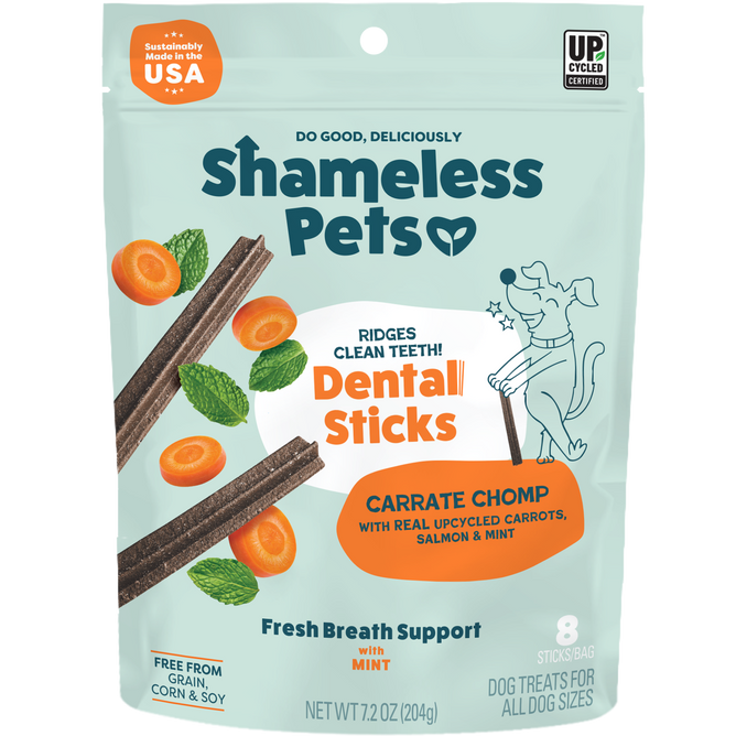 Shameless Pets Carrate Chomp Dental Stick for dogs features carrots and mint for dental care and fresh breath, uses upcycled ingredients, and is made in the USA.