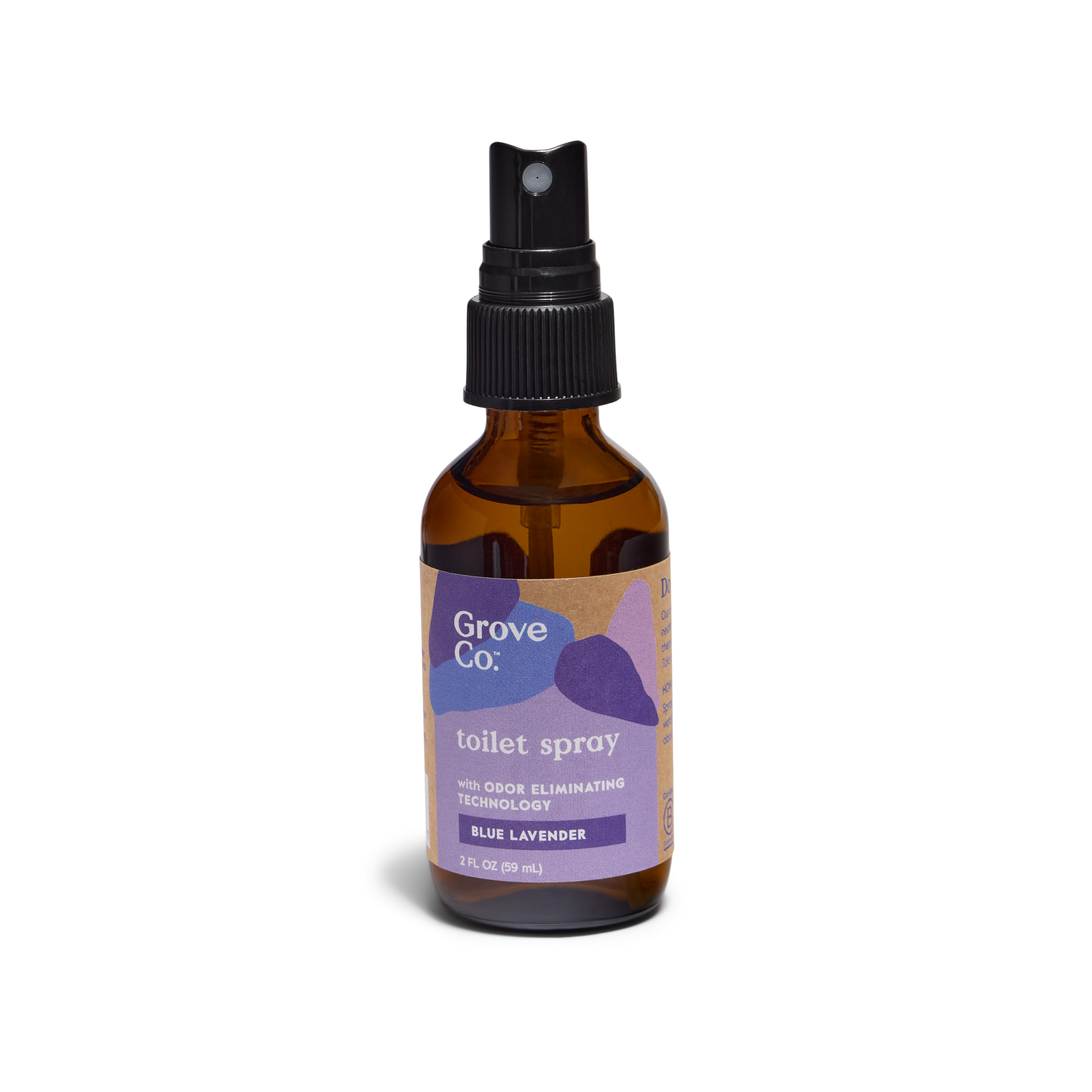 A 2 fl oz (59 mL) brown bottle with black spray nozzle, labeled Grove Co. Toilet Spray in blue and purple, showcases its Odor Eliminating Technology and calming Blue Lavender fragrance.