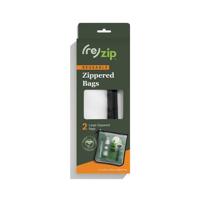The (re)zip Zippered Gallon Bag features eco-friendly, BPA-free PEVA material with a transparent window. The pack includes two large, reusable zippered bags. Package size: 11x13 inches.