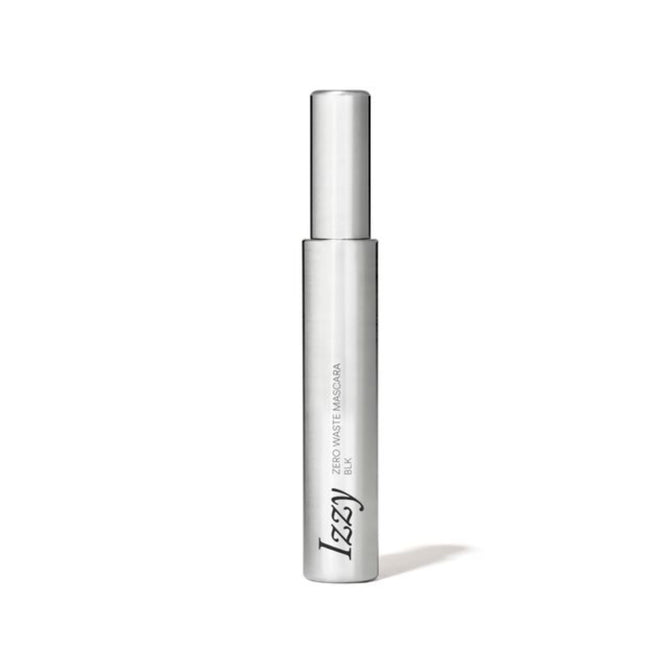 A sleek, silver tube labeled IZZY Zero Waste Beauty stands upright on a white background. The text reads Zero Waste Mascara and Black, emphasizing refillable makeup for sustainable beauty lovers.