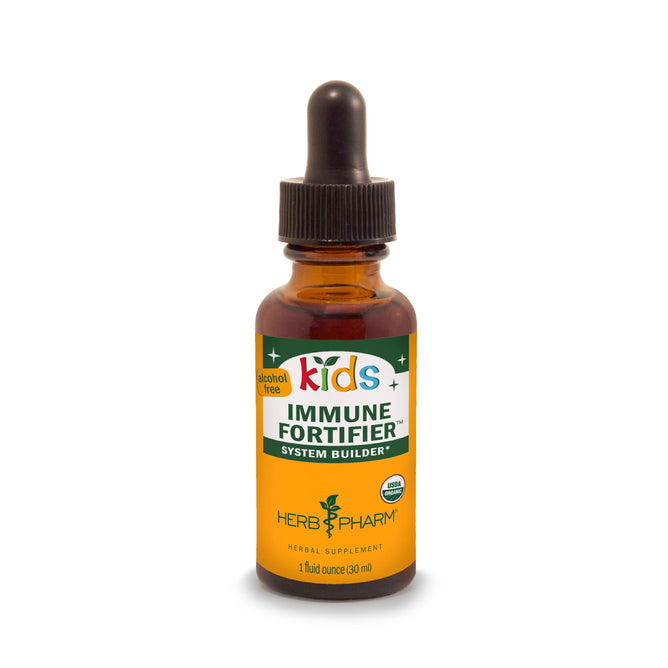 A 1 fl oz (30 ml) brown glass dropper bottle of Herb Pharm Kids Immune Fortifier, an alcohol-free herbal supplement with Echinacea.