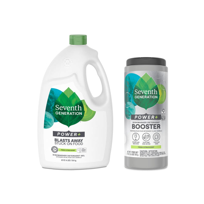Two Seventh Generation products: a large white bottle of Dishwasher Gel Power Plus + free gift with a green cap, and a gray canister booster—both featuring green leaf label designs.