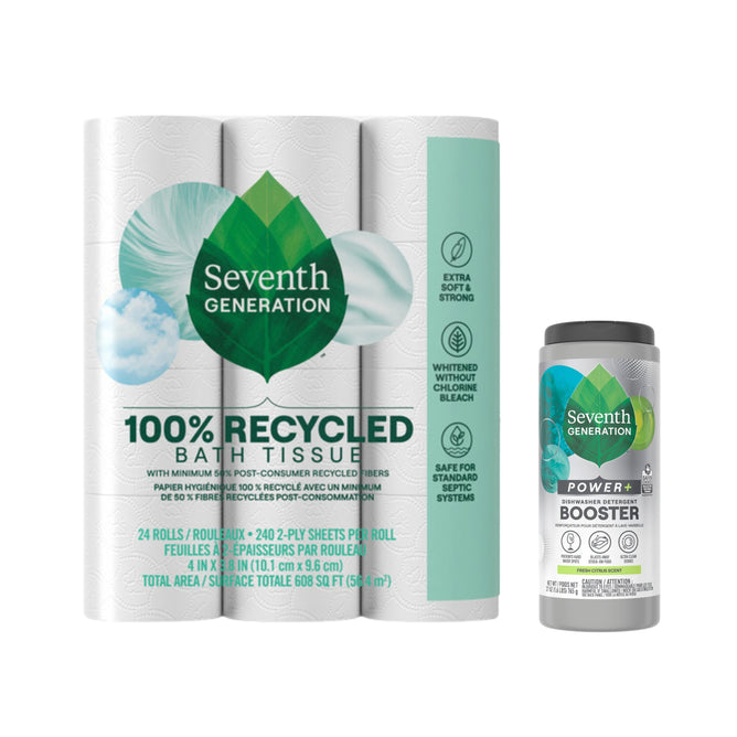 A package of Seventh Generations FSC certified recycled Bathroom Tissue (240 sheets per roll) with a green leaf logo boasts extra softness and strength, alongside a container of Seventh Generation Power+ Booster.