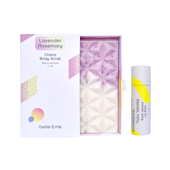 A box of butter & me Buy Choco Body Scrub, Get Lip Balm Free is shown on a white background, with geometric packaging and a Yuzu Vanilla lip balm tube beside it.