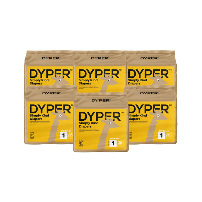 Six packs of DYPER Simply Kind Diaper One Month Supply, size 1, each containing 36 chlorine-free, high-absorbency bamboo diapers. Yellow packaging features black and white text and a small elephant illustration on the front.