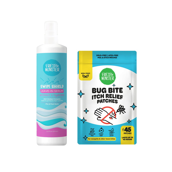 Two Fresh Monster products: a Swim Shield Protective Leave-in Serum bottle for chlorine protection with a pink and aqua label, plus a free gift—a pouch of Bug Bite Itch Relief Patches featuring blue, white, and yellow.