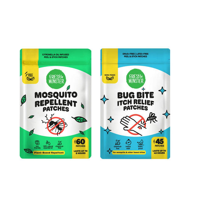 Two colorful Fresh Monster resealable pouches: one with Mosquito Protection Patches + free gift and one with bug bite itch relief patches, both featuring icons that highlight their bug protection benefits.