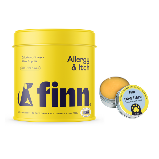 A yellow container of Finns Allergy & Itch Supplement For Dogs, made with natural ingredients and a dog silhouette design, stands next to a smaller Finn Paw Hero tin. It includes colostrum, omegas, and bee propolis in beef liver flavor, aiding seasonal allergies.