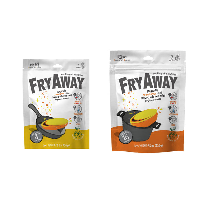 Two Grove Collaborative Pan Fry Used Cooking Oil Solidifier Powder pouches are shown: a yellow (3.5oz) for pan fry and an orange (7oz) for deep fry. Both display illustrated pots with oil and icons highlighting product benefits, plus a free gift.