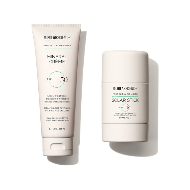 On a white background: MDSolarSciences Buy Mineral Moisture Defense SPF 50 (3.4 fl oz) Get Solar Stick SPF 40 Free (.6 oz); tube on left, stick on right.