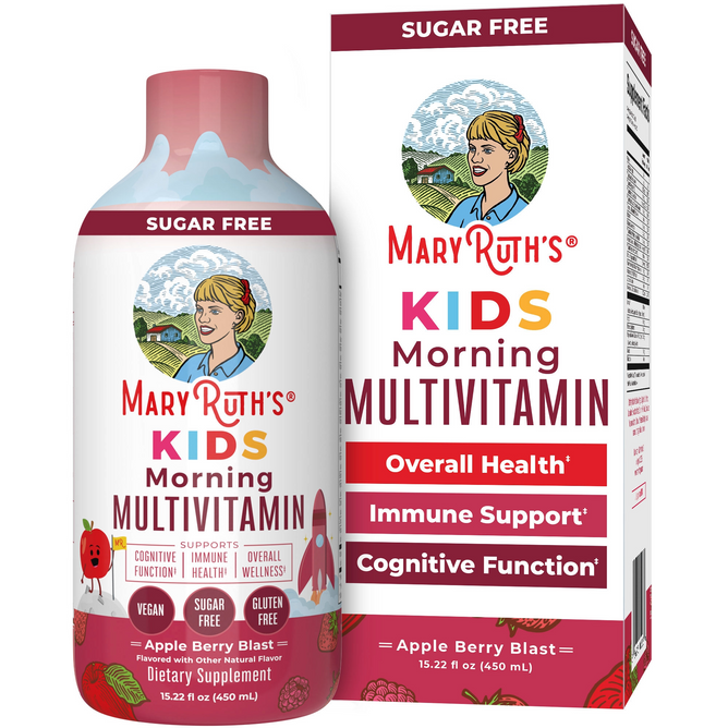 Picture of MaryRuths Kids Morning Multivitamin Liquid in Apple Berry Blast flavor. Its sugar-free, supports overall health, immune, and cognitive function while bridging nutrient gaps. Features a colorful design with a womans illustration.