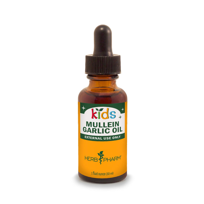 A brown glass dropper bottle of Herb Pharm Kids Mullein Garlic Oil (1 fl oz), featuring a yellow-green label with colorful Kids text. For external use only and contains soothing Mullein Oil and Garlic Oil.
