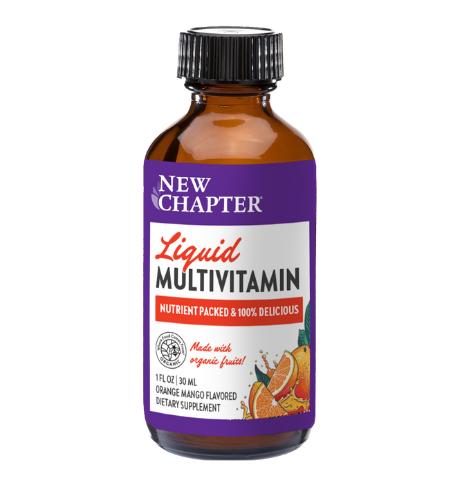 A brown glass bottle from Grove Collaborative labeled Liquid Multivitamin - Sample, featuring a purple and white design with oranges and mangoes, highlights it as nutrient-packed, orange mango flavored, made with organic fruit, and a dietary supplement.