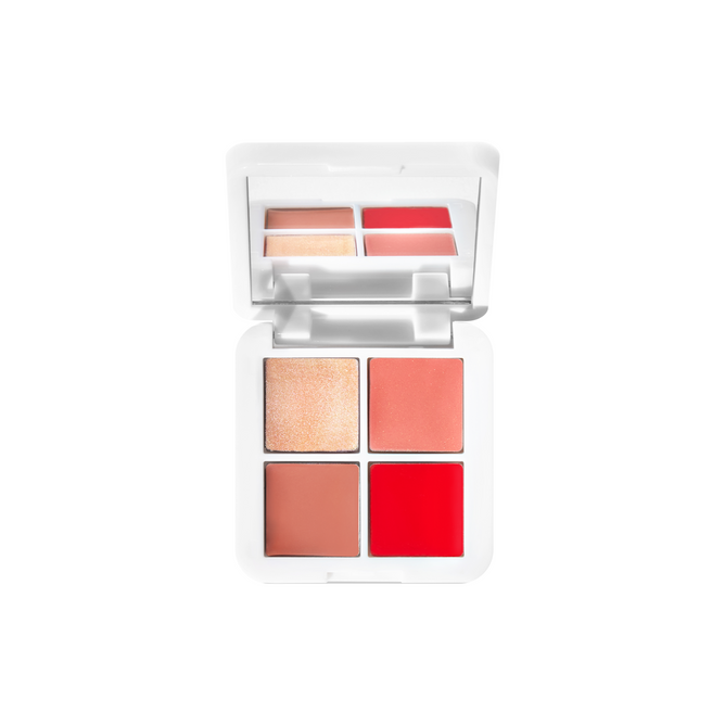 The RMS Beauty Lip2Cheek Glow Quad Mini is a sleek compact featuring four square pans—cream luminizer and lip2cheek shades in shimmery beige, peach, nude, and bright red—with a mirror under the white lid.