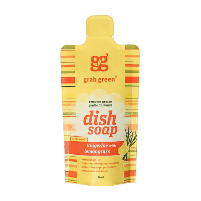 The grab green Liquid Dish Soap - Tangerine with Lemongrass (Sample) is a small yellow pouch featuring lemongrass on the lower right. It contains chemical-free essential oils for effective grease-cutting power with a tangerine and lemongrass scent.
