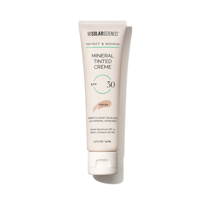 A tube of MDSolarSciences Mineral Tinted Crème SPF 30 with a white background and a minimalistic design, featuring beige, green, and black text on the front.